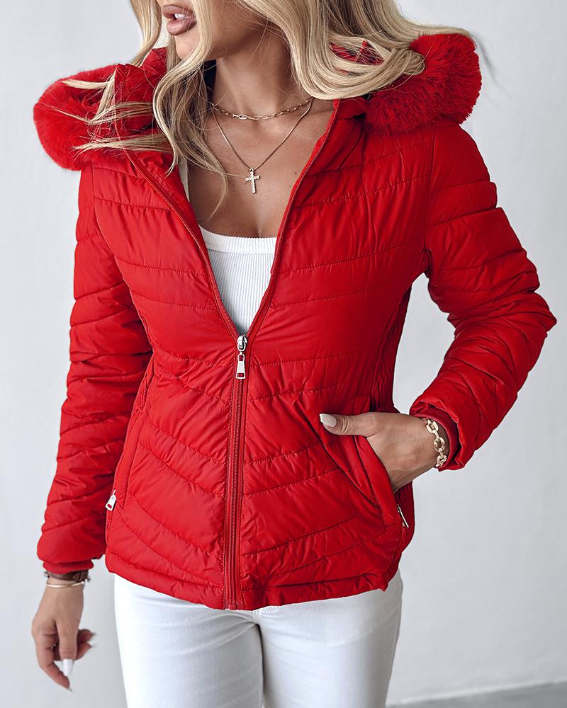 

Zipper Pocket Design Shirred Fuzzy Trim Fleece Lined Hooded Puffer Jacket, Red