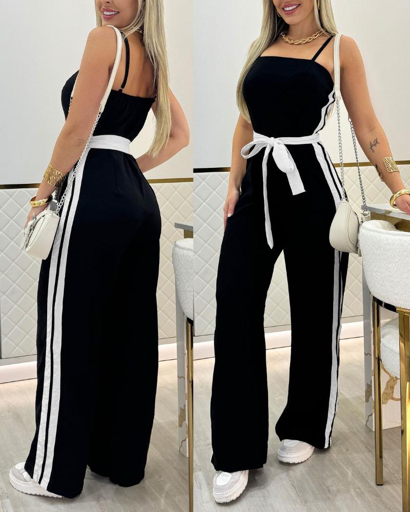 

Striped Sleeveless Tied Detail Jumpsuits Spaghetti Strap Casual Wide Leg Rompers, Black