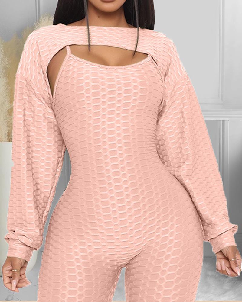 

Textured Lantern Sleeve Top & Spaghetti Strap Jumpsuit Set, Pink