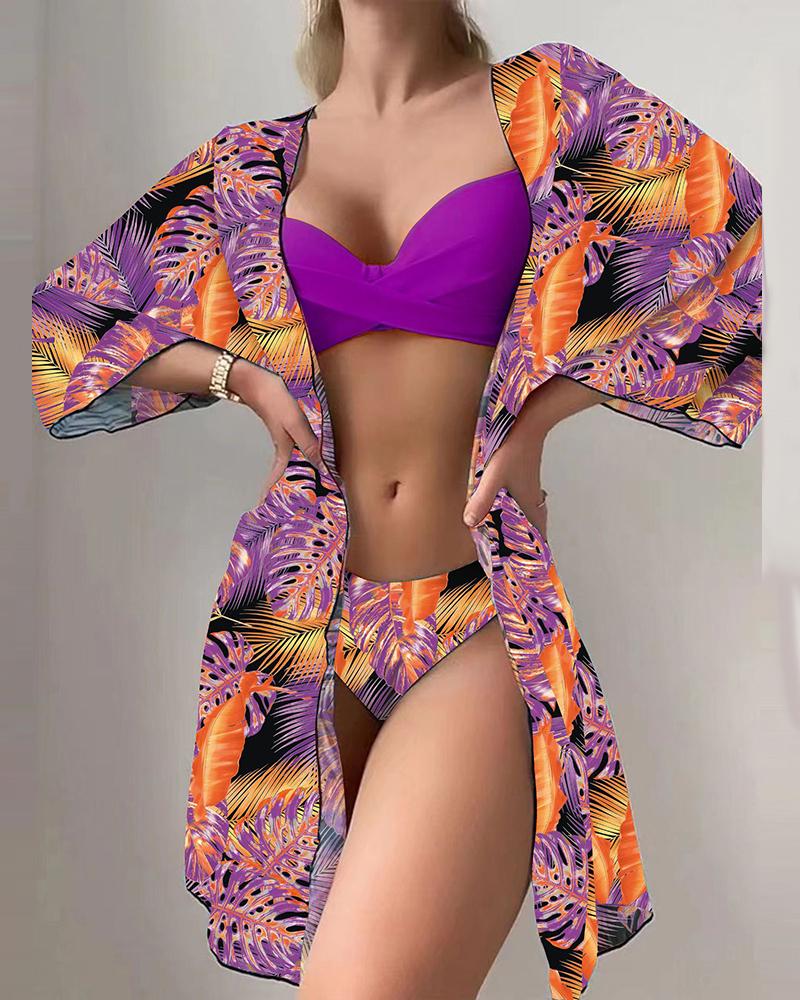 

3PCS Tropical Print Crisscross Bikini Set With Cover Up, Purple