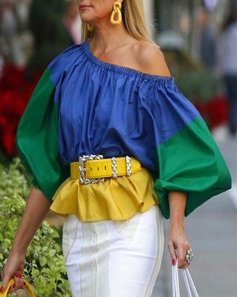 

Colorblock Lantern Sleeve One Shoulder Ruffles Top, Blue