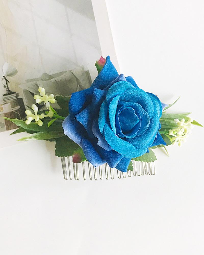 

1pcs Velvet Floral Pattern Bride Wedding Hair Comb Clip, Blue