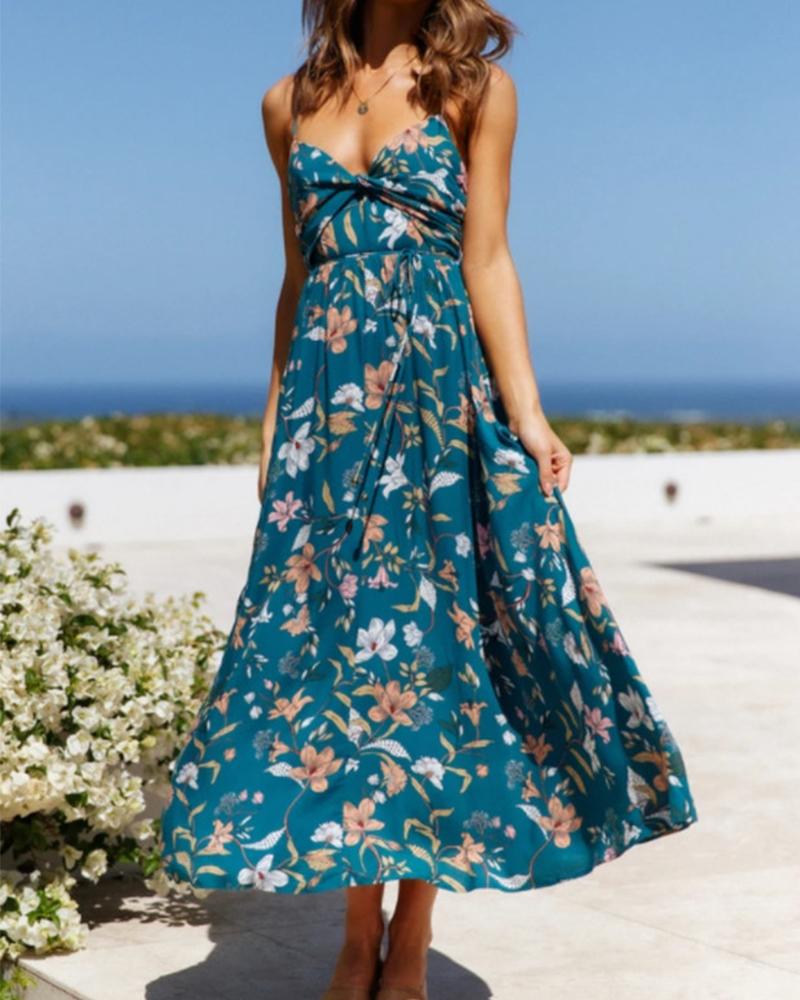 

Floral Print Skinny Waist Backless Sling Maxi Dress, Blue