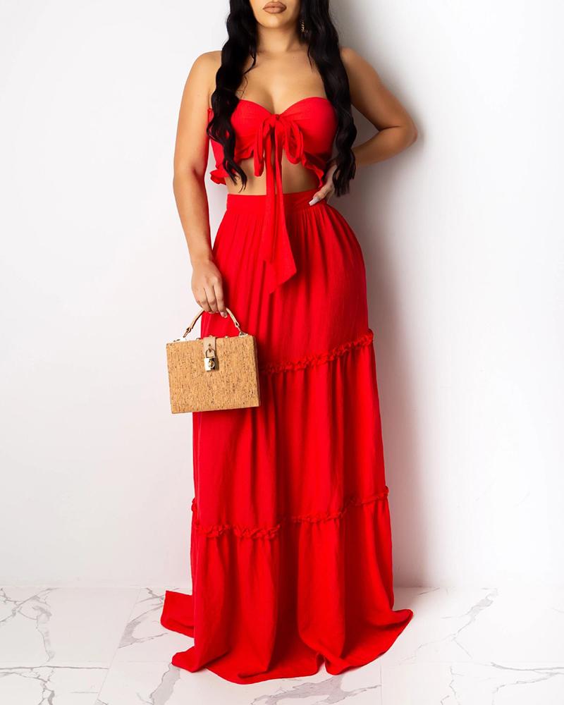 

Bandeau Frill Hem Tie Front Top & Maxi Skirt Set, Red