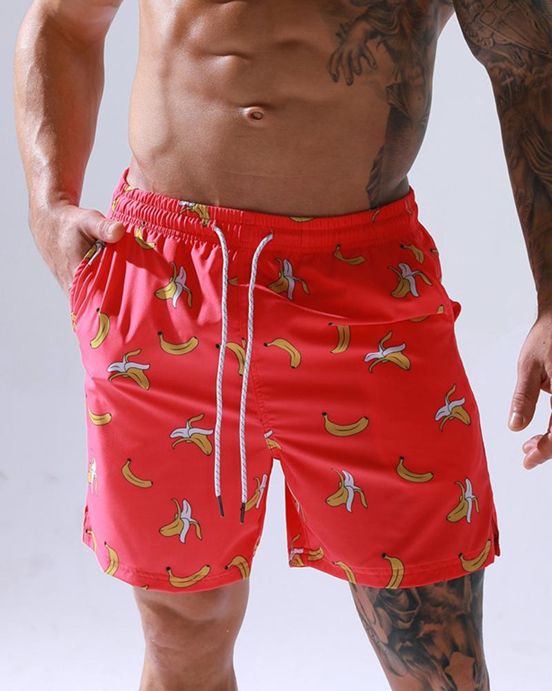 

Banana Print Drawstring Loose Straight Beach Short Pants, Red
