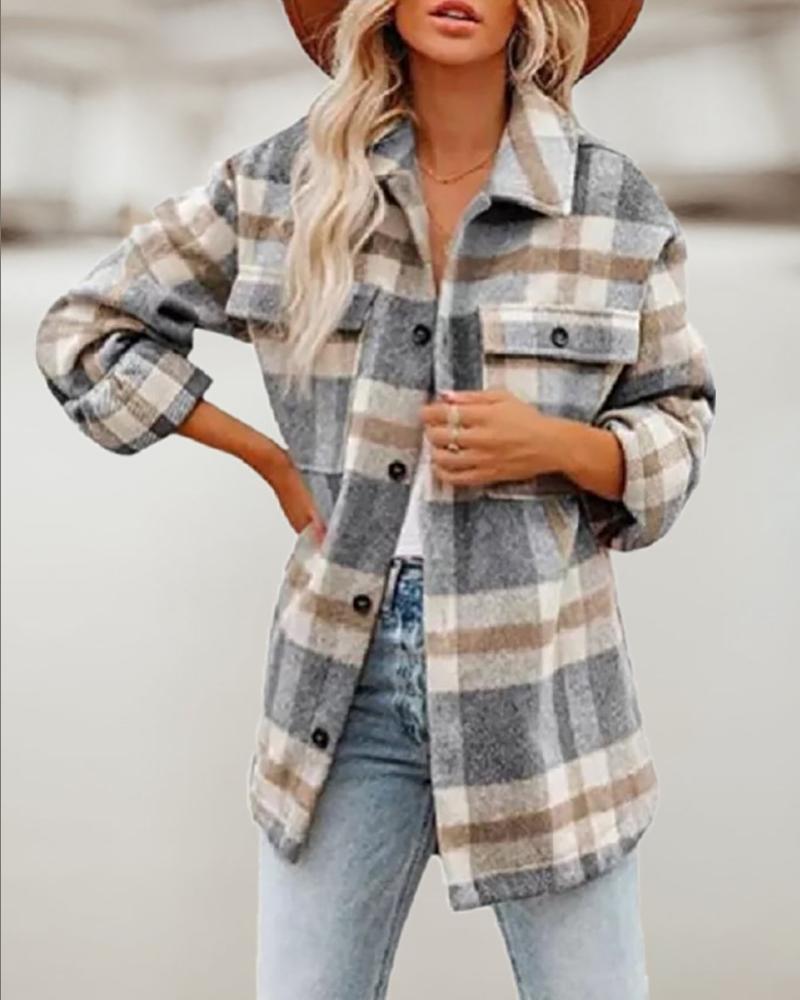 

Plaid Print Pocket Design Button Front Shacket, Khaki