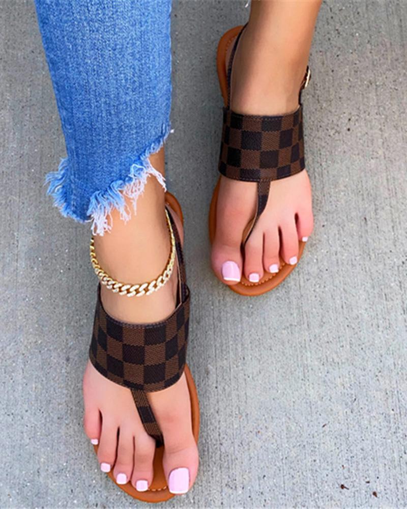 

Plaid Print Slingback Toe Post Sandals, Brown