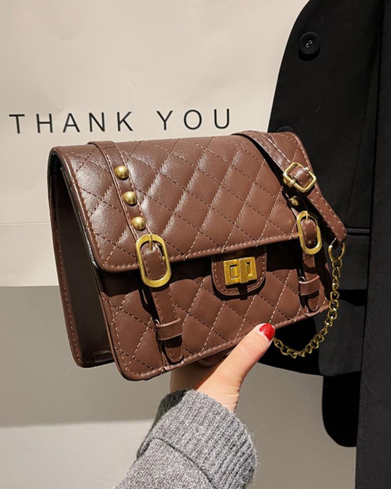 

Quilted Twist Lock Chain Strap Flap Shoulder Bag, Coffee