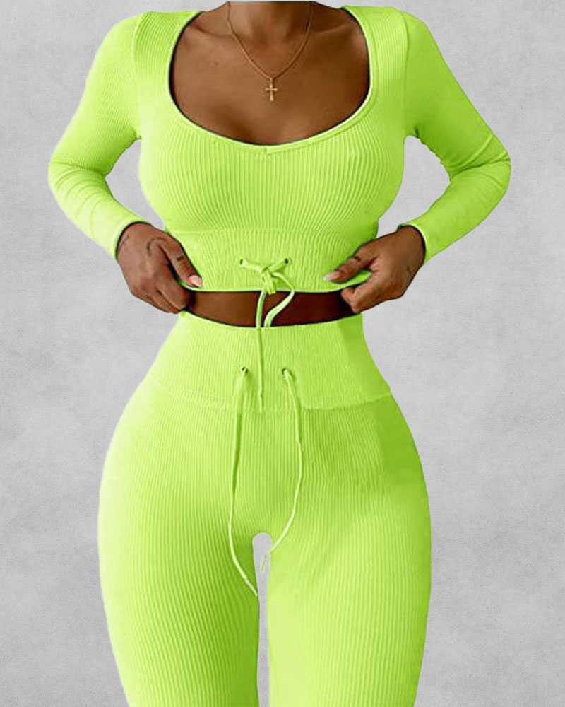 

Long Sleeve Crop Sports Tee With Drawstring Yoga Leggings, Green