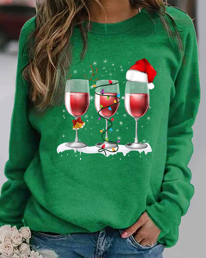 

Christmas Hat Wine Glass Print Long Sleeve Top Casual O Neck Daily Shirt, Green