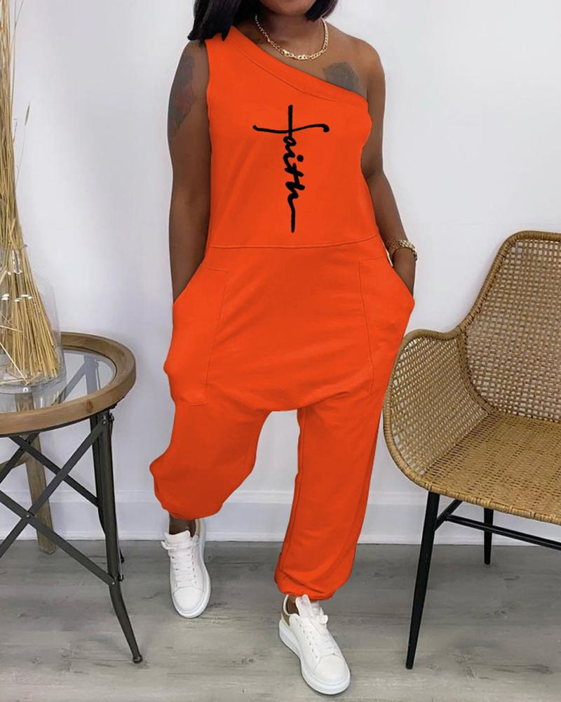 

Letter Print Pocket Design One Shoulder Jumpsuit, Orange