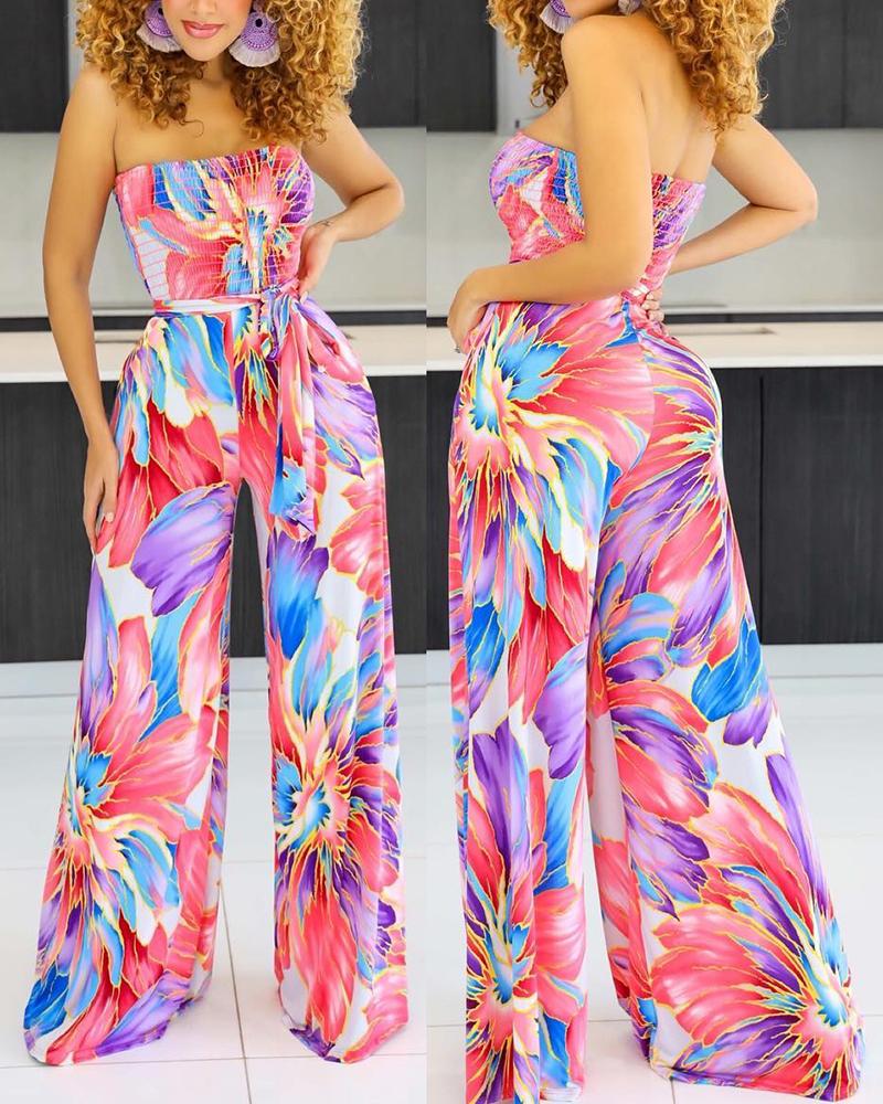 

Floral Print Shirred Bandeau Wide Leg Jumpsuit, Rose red