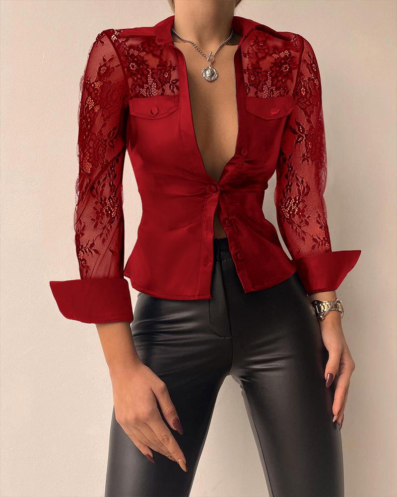 

Contrast Lace PU Leather Button Down Shirt, Red
