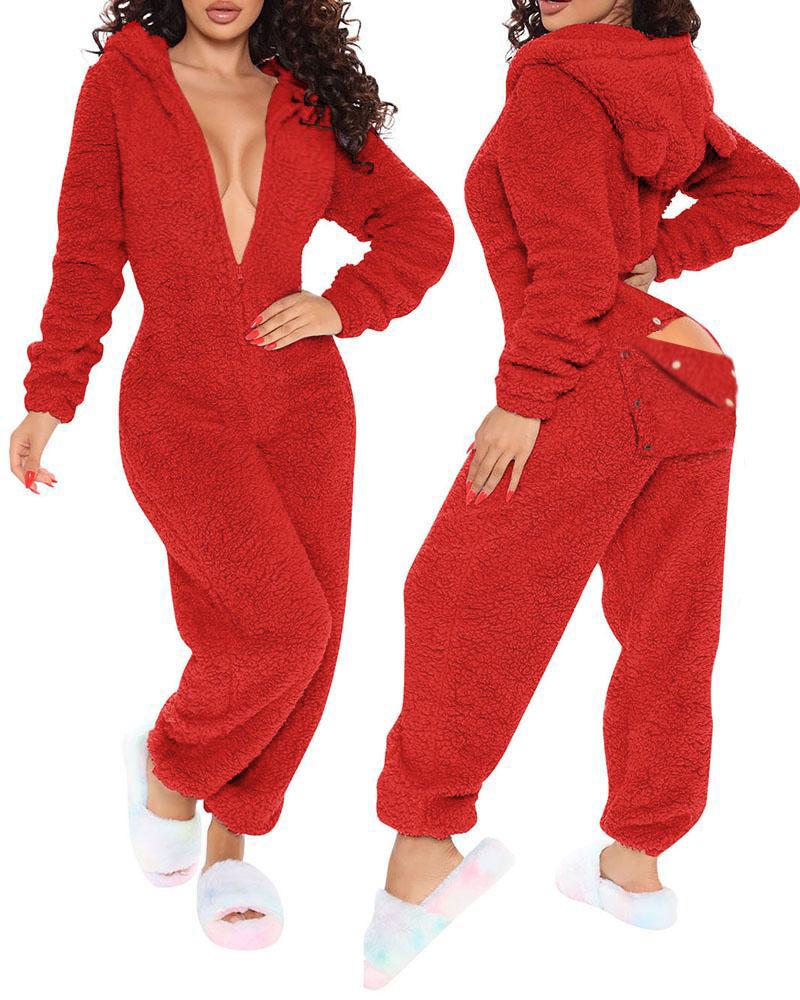 

3D Ear Buttoned Flap Functional Fluffy Lounge Jumpsuit, Red