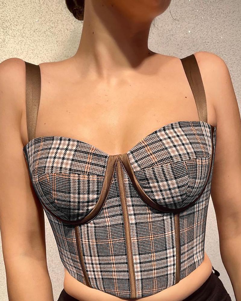 

Plaid Print Sleeveless Skinny Crop Top, Brown