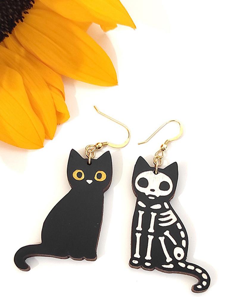

1Pair Halloween Skeleton Cat Wooden Drop Earrings, Blackwhite
