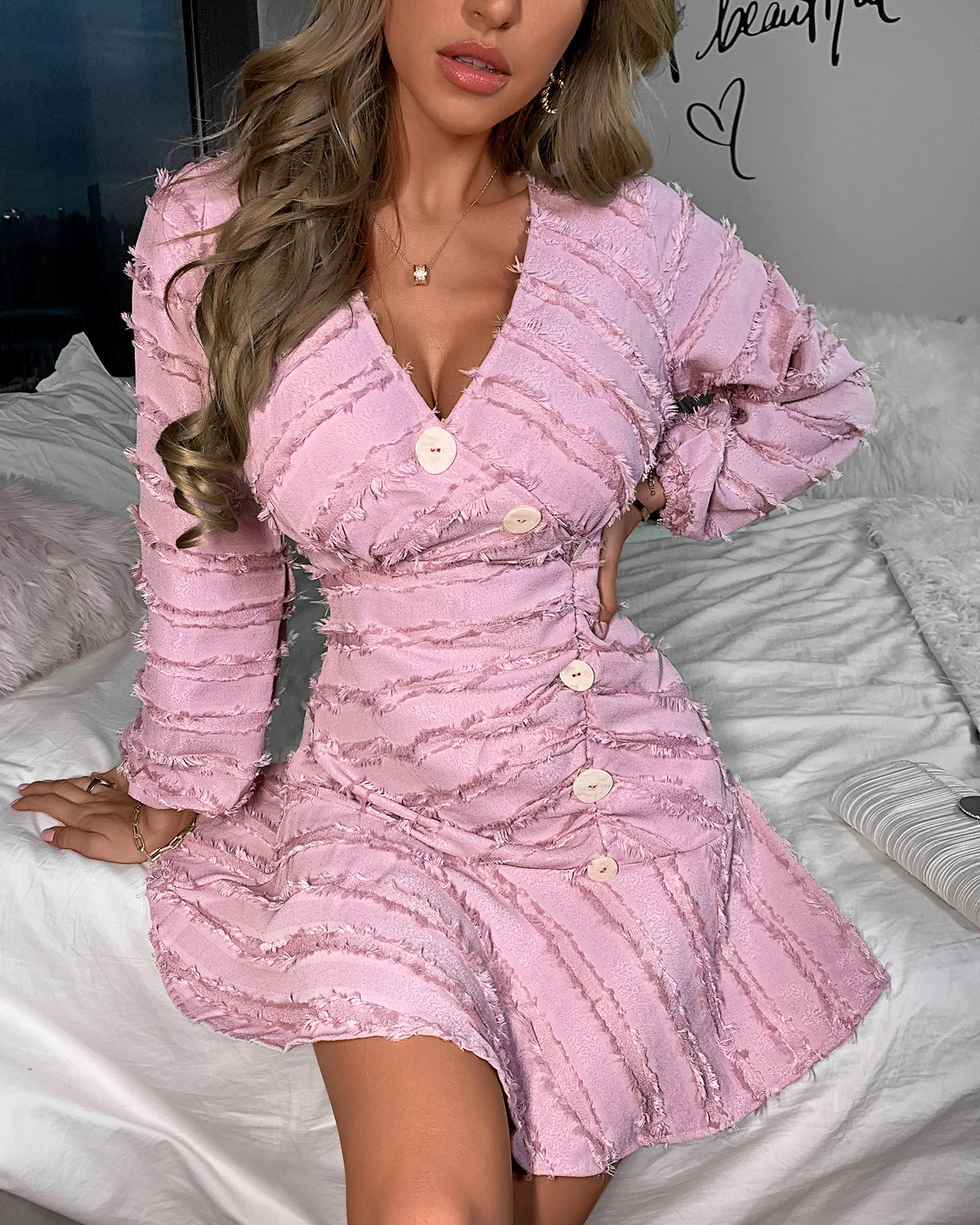 

Fringe Button Design Ruffles Dress, Pink