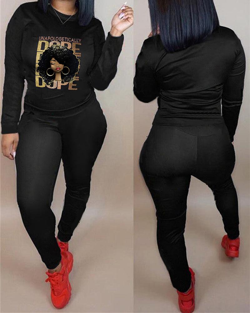 

Figure Letter Print Long Sleeve Top & Pants Set, Black