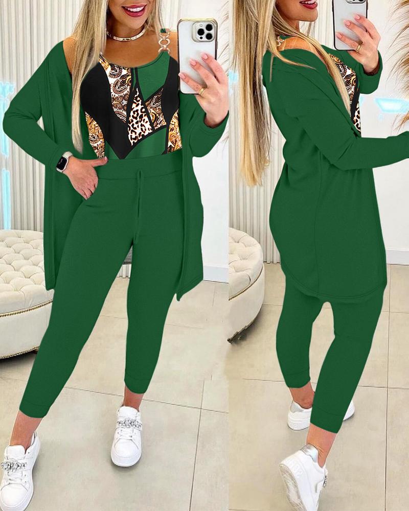 

Baroque Leopard Print Chain Decor Tank Top & Pants Set With Coat, Green