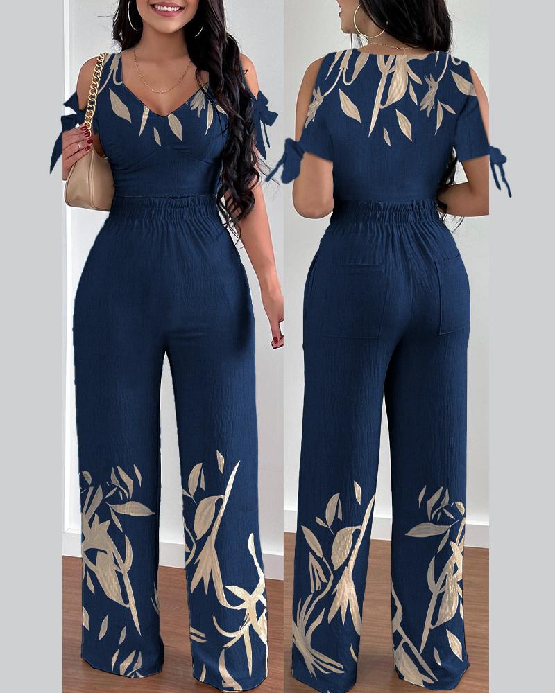 

Plants Print Cold Shoulder Top & High Waist Pants Set, Purplish blue