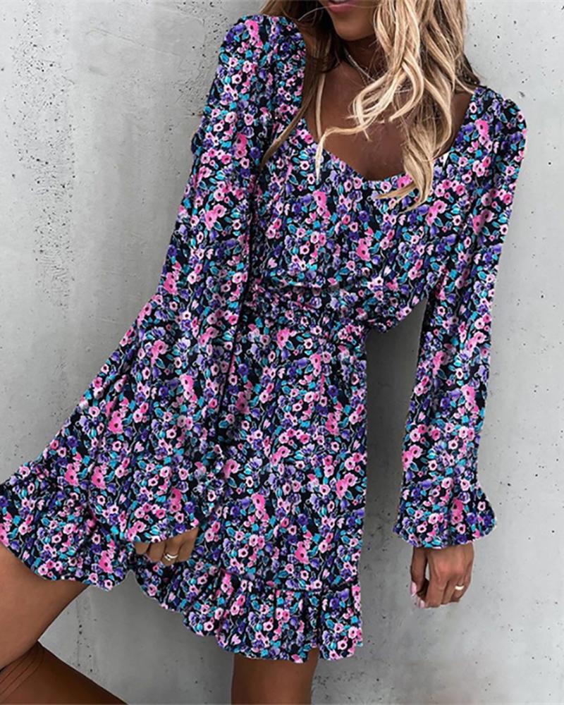 

Lantern Sleeve Ditsy Floral Print Ruffles Dress, Purple