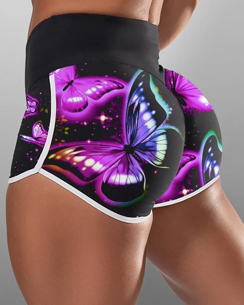 

Butterfly Print High Waist Active Shorts women Elastic Sports Shorts, Black