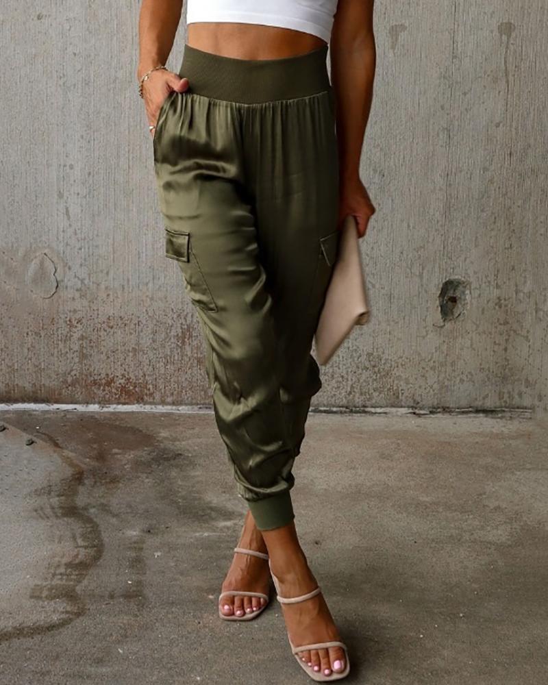 

High Waist Pocket Decor Casual Pants, Green