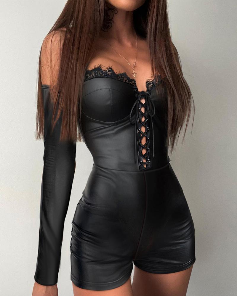 

Contrast Lace Grommet Eyelet Lace-up Romper, Black