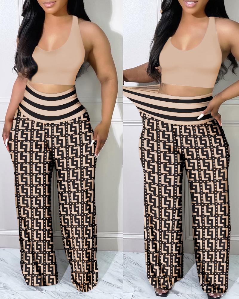 

Crop Tank Top & Geometric Print High Waist Pants Set, Khaki