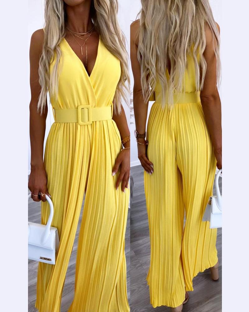 

V-Neck Wide Leg Pleated Jumpsuit, Yellow