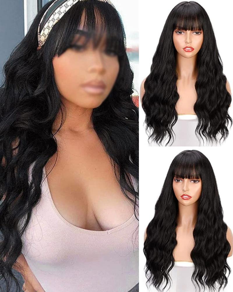 

26Inch Natural Long Fluffy Curly Hair Wig Synthetic Heat Resistant Wavy Wig With Bangs, Black