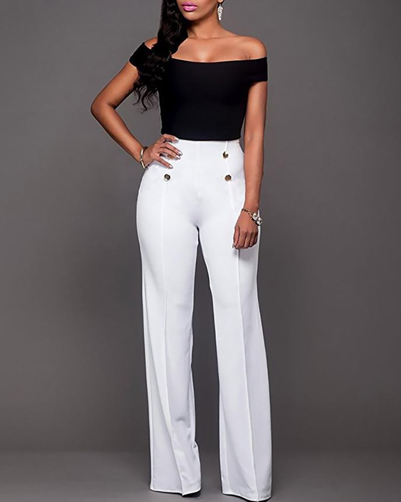 

Double-breasted High Waist Wide Leg Pants, White