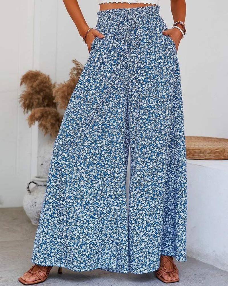 

Ditsy Floral Print Wide Leg Bootcut Pants, Blue