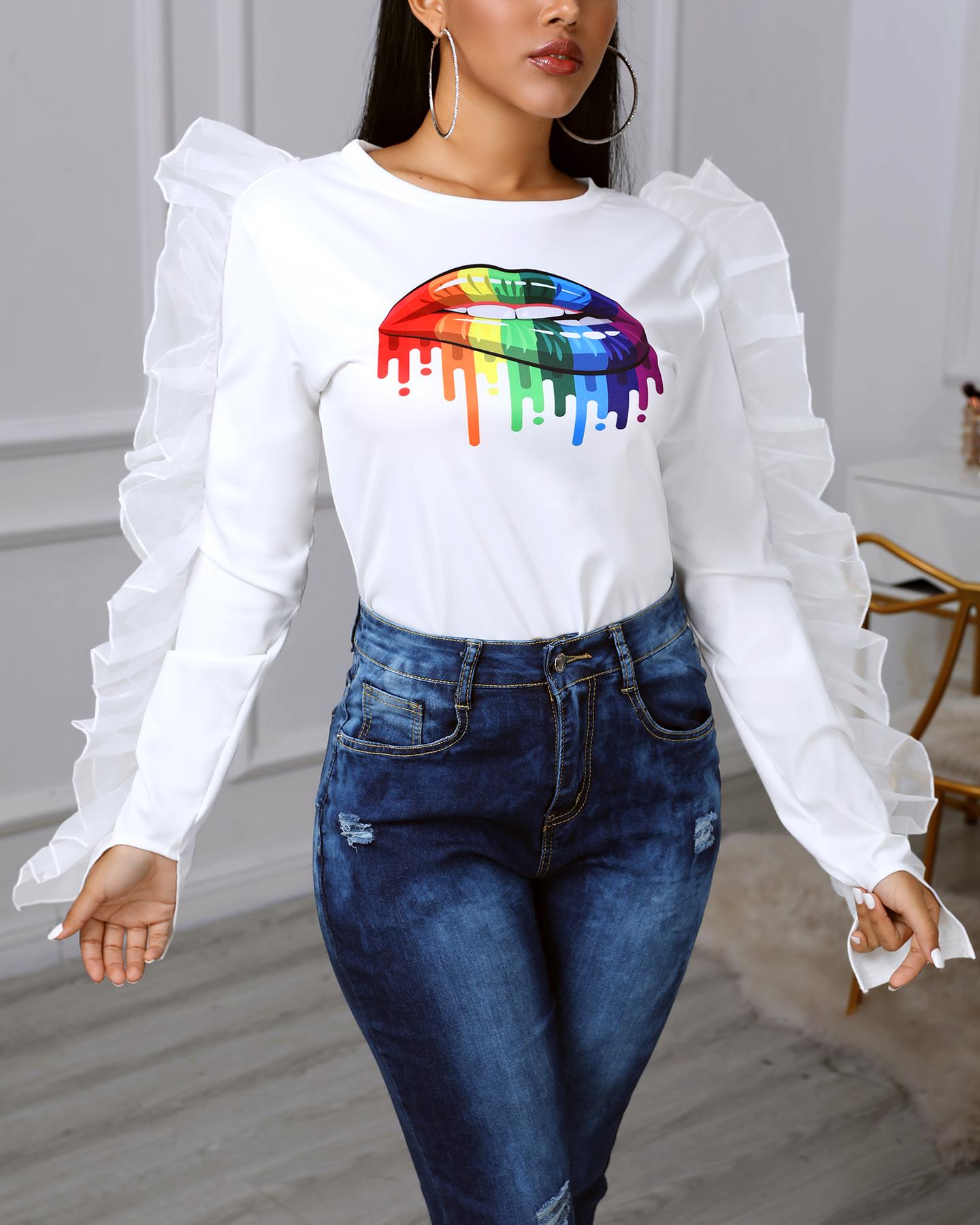 

Round Neck Mouth Pattern Mesh Ruffles Blouse, White