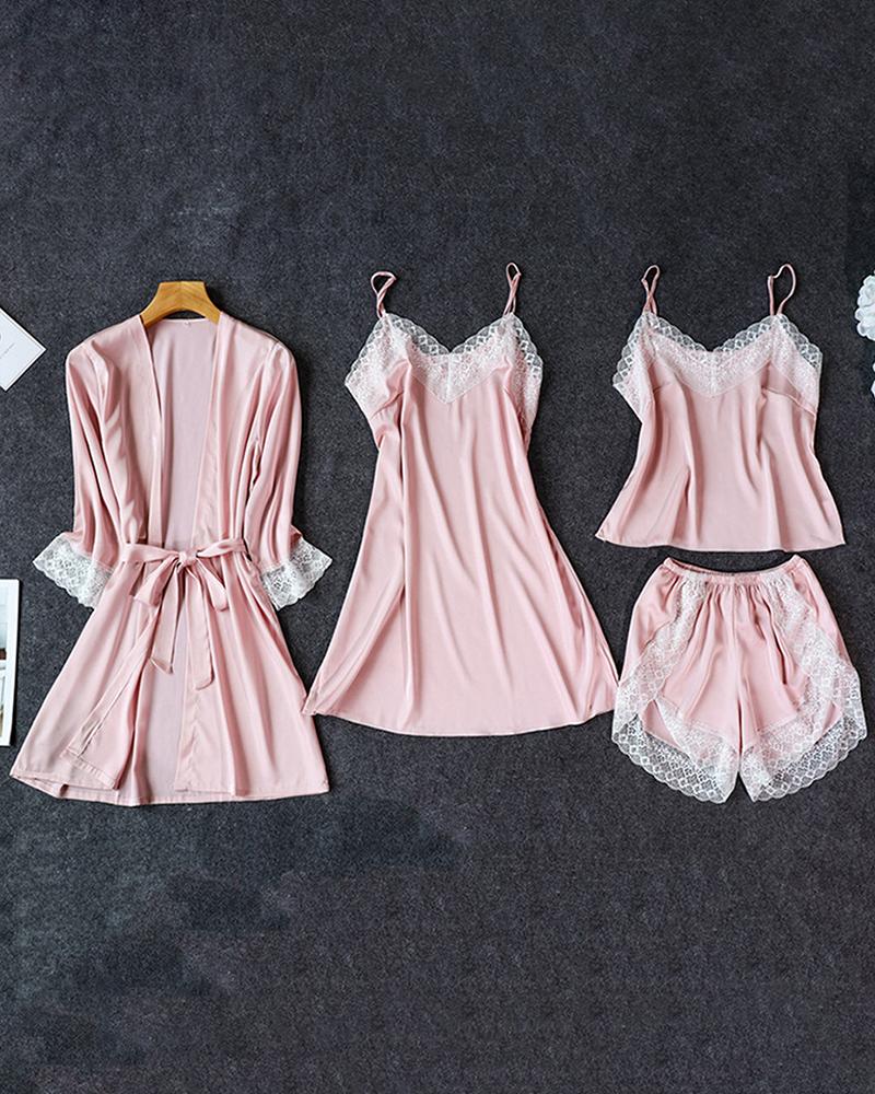 

Satin Lace Trim 4PCS Sleepwear Sets, Pink