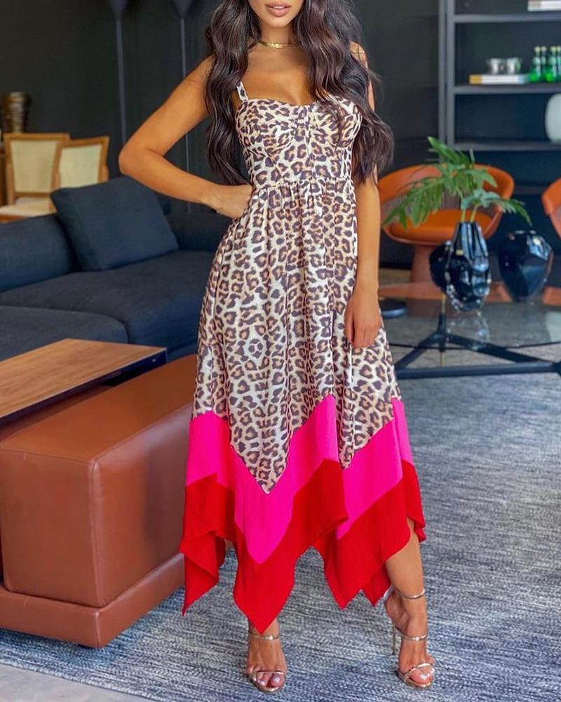 

Cheetah Print Colorblock Asymmetrical Maxi Dress, Leopard