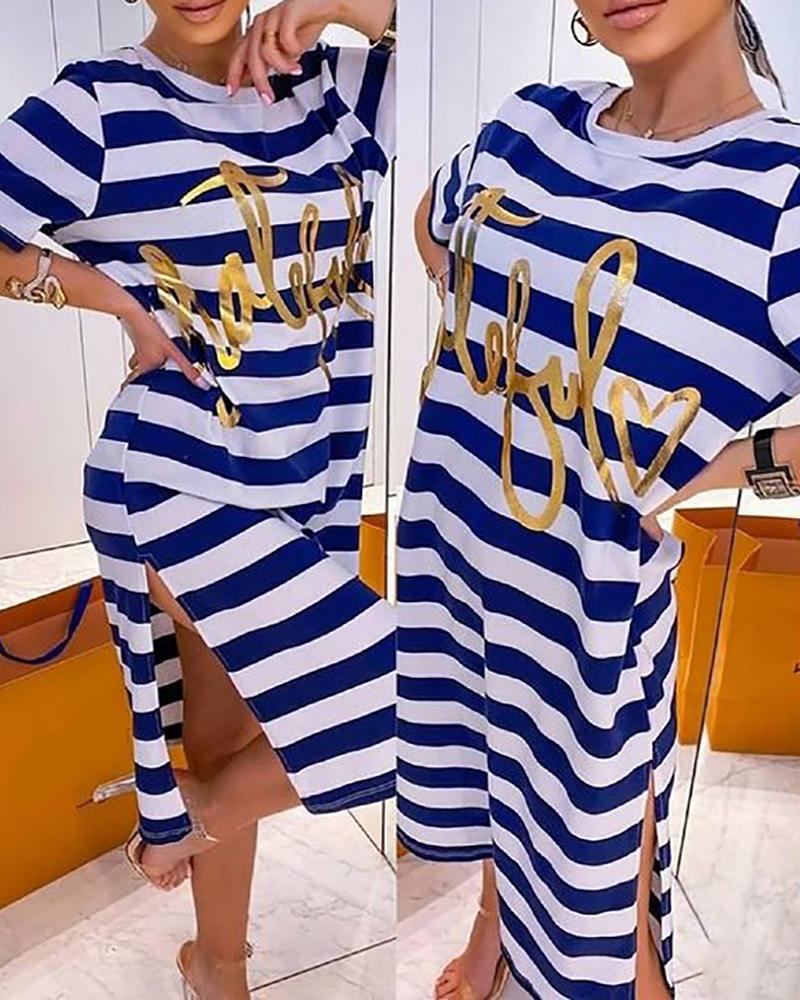 Vestido estilo camiseta con abertura y estampado de rayas con letras