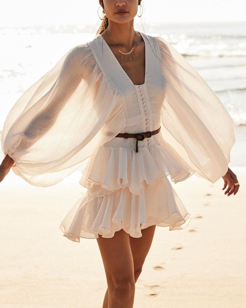 

Solid Color Ruffle Hem Lantern Sleeve Mini Dress, Beige