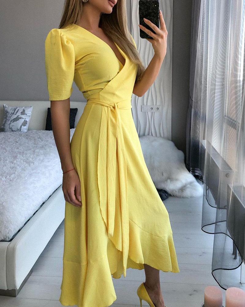 

Ruffles Puff Sleeve Asymmetrical Trim Casual Dress, Yellow