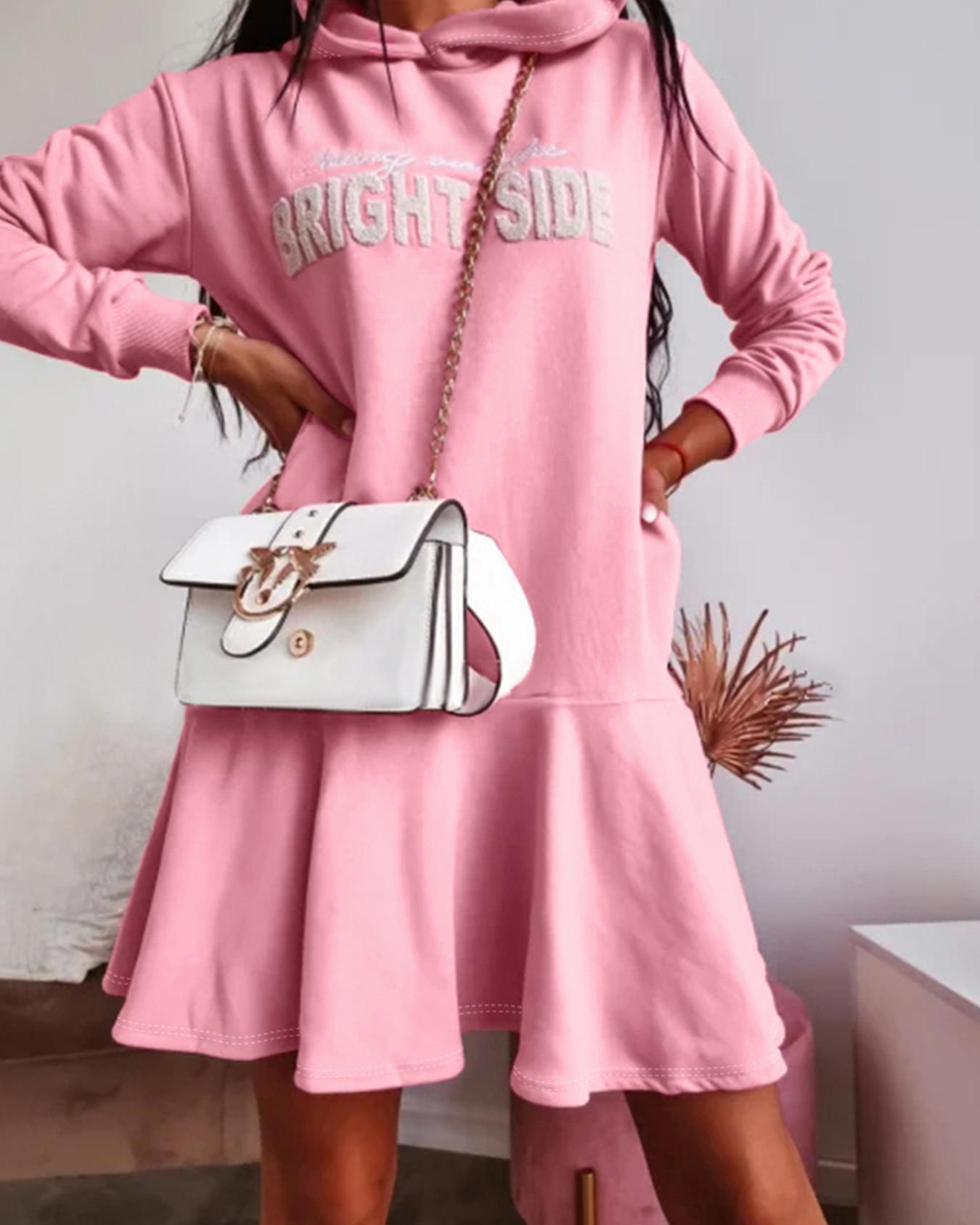 

Vestido informal con capucha, manga larga, dobladillo con volantes y diseño de letras, con bolsillos, Pink
