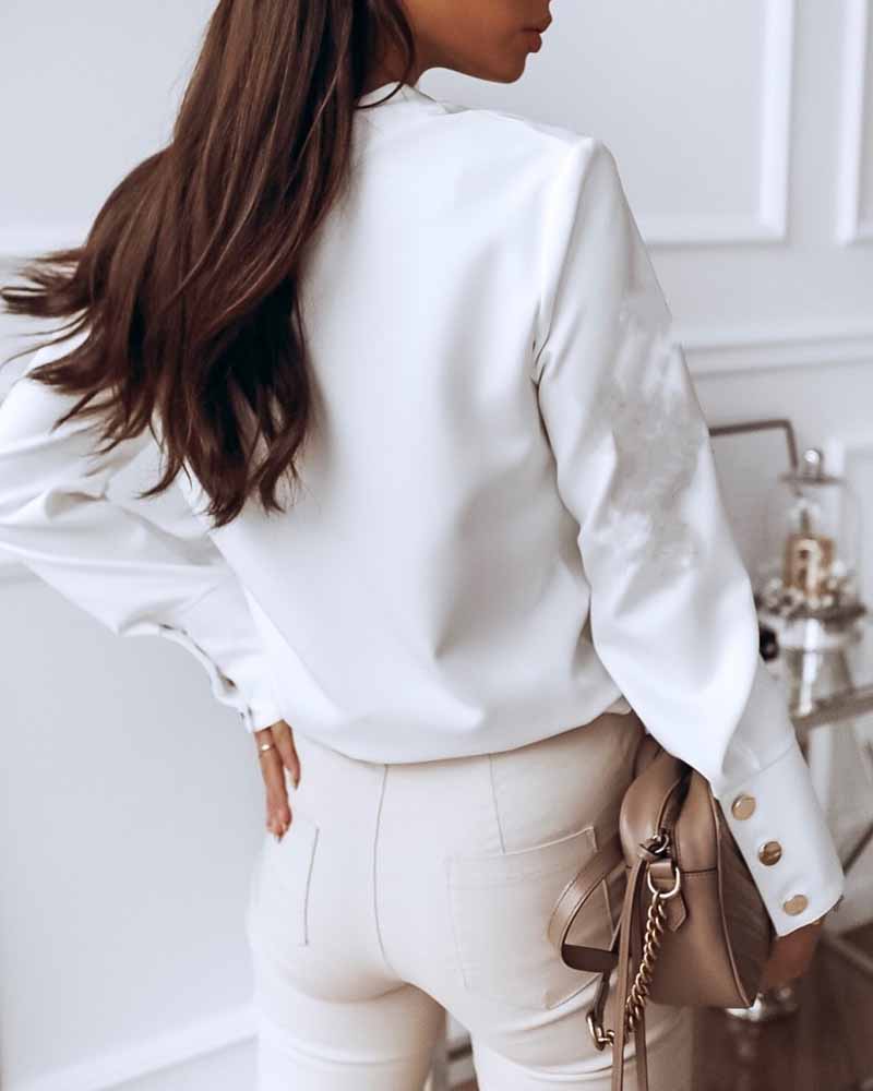

O Neck Long Sleeve Button Design Top, White