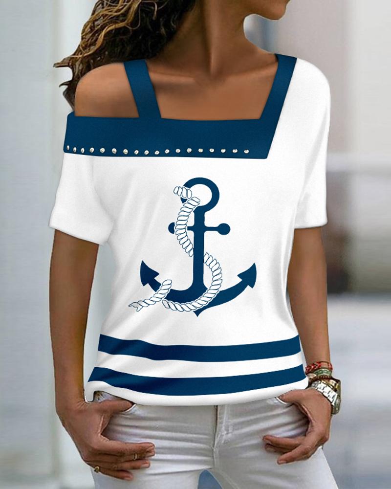 

Anchor Print Asymmetrical Cold Shoulder Top, White