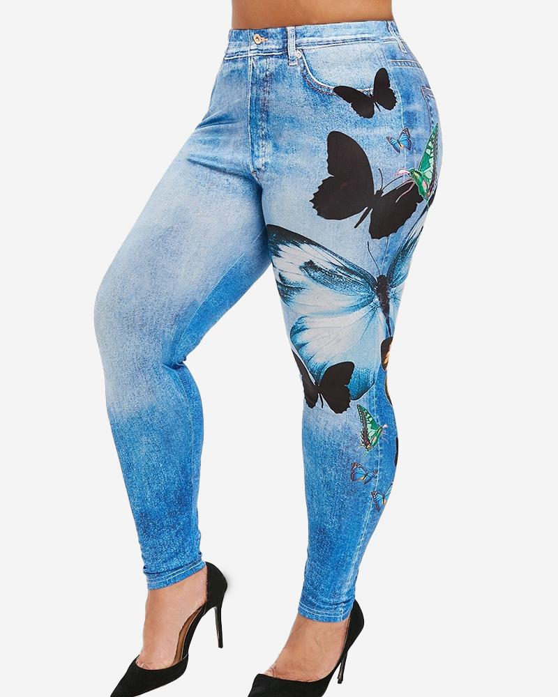 

Butterfly Denim Look Print High Waist Leggings, Lighted blue