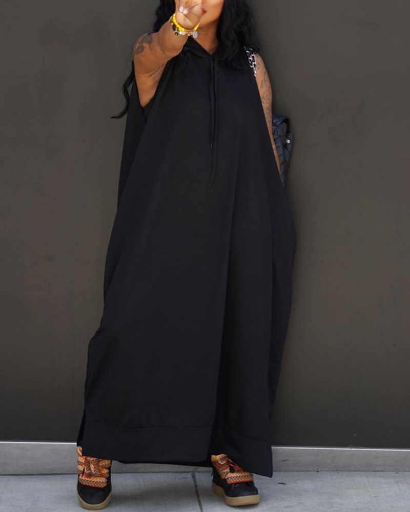 

Drawstring Pocket Decor Casual Maxi Dress, Black