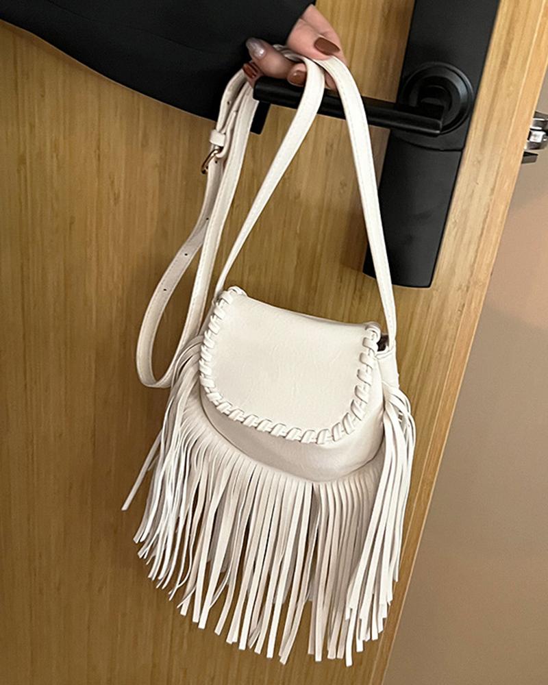 

Fashionable Tassel Design Magnetic Buckled Handbag, Beige