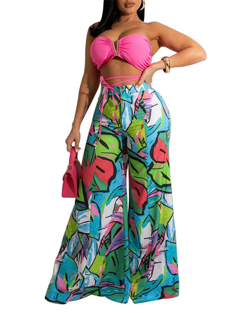 

Bandeau Crop Top & Abstract Print Wide Leg Pants Set, Pink