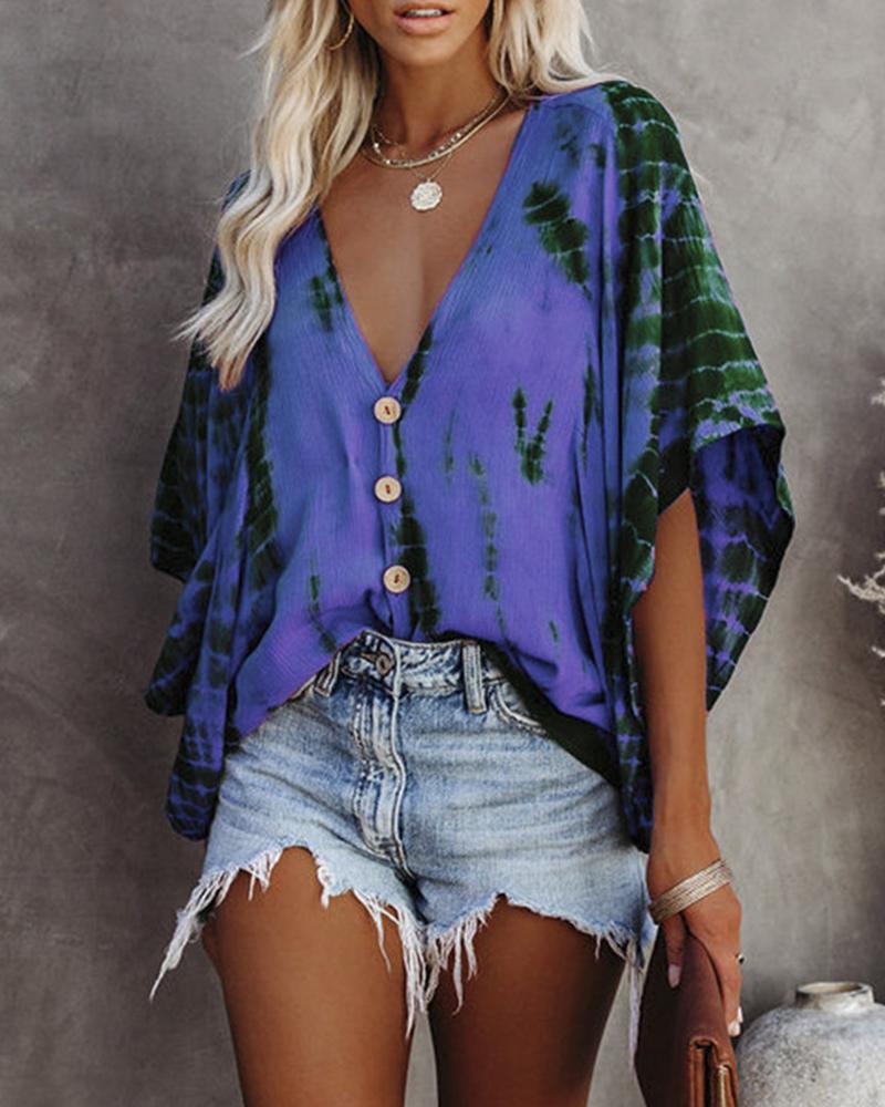 

Tie Dye Print Batwing Sleeve V-Neck Top, Dark blue