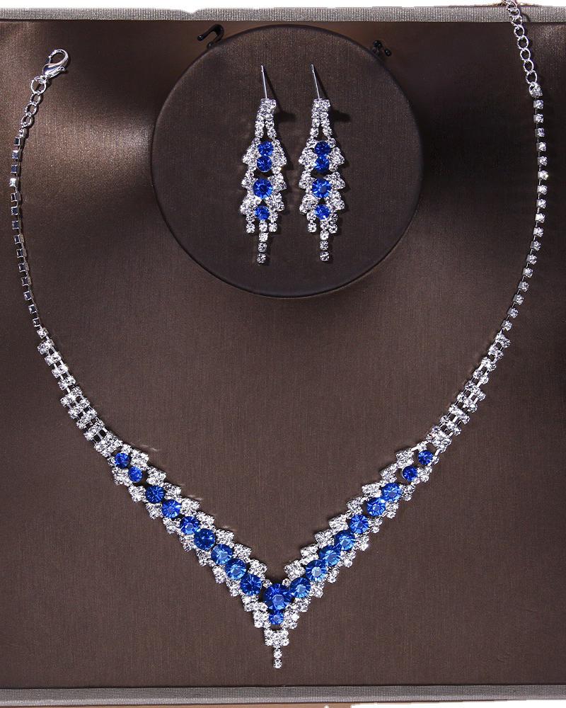 

2PCS Rhinestone Decor Necklace & Dangle Earrings Wedding Bridal Jewelry Set, Blue