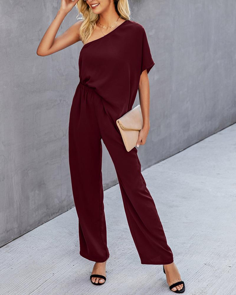 

One Shoulder Wide Leg Jumpsuit, Dark red