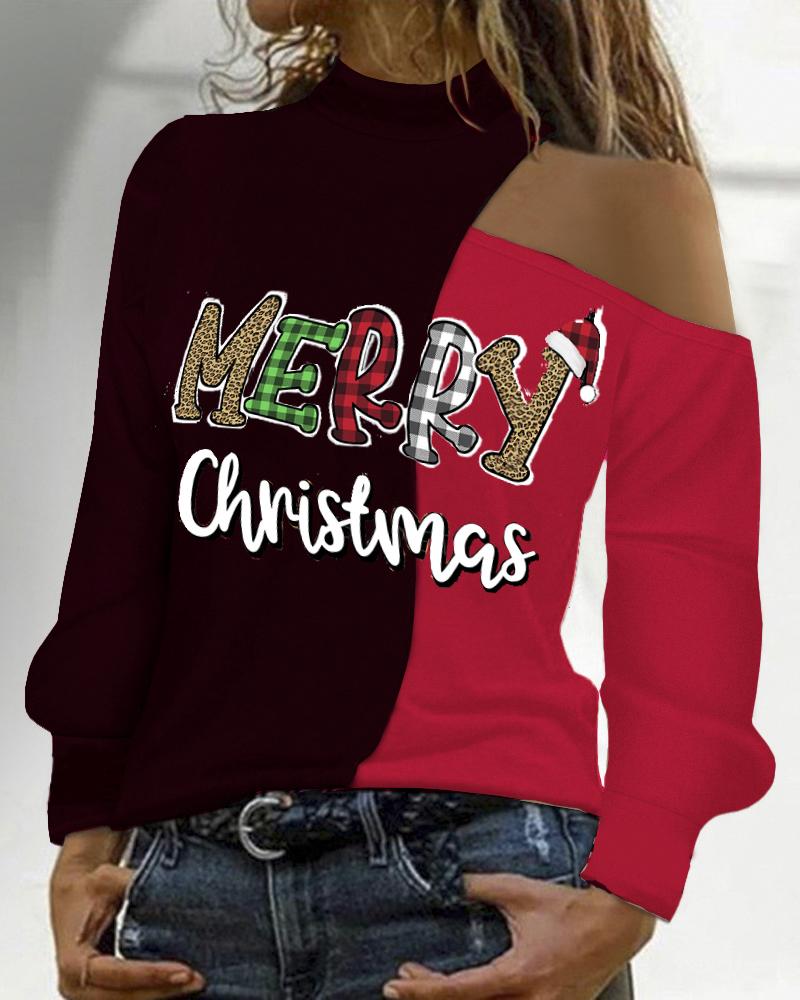 

Christmas Letter Print Colorblock Cold Shoulder Top, Red